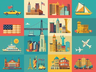 Naklejka premium Vector illustration icon set of New York, flat style, color background, poster, collection of american landmarks. Bridge, yacht, car, rugby player, sax, building, flag.