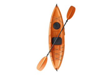 Orange plastic kayak with paddle isolated on white background