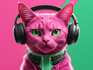 Stylish Cat Enthusiast with Over-Ear Headphones. Generative AI.