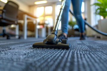 Professional cleaning in a modern office using a vacuum cleaner, focusing on the carpet and vacuum head, ideal for cleaning services and office hygiene themes