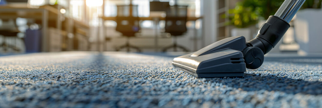 Professional cleaning in a modern office using a vacuum cleaner, focusing on the carpet and vacuum head, ideal for cleaning services and office hygiene themes