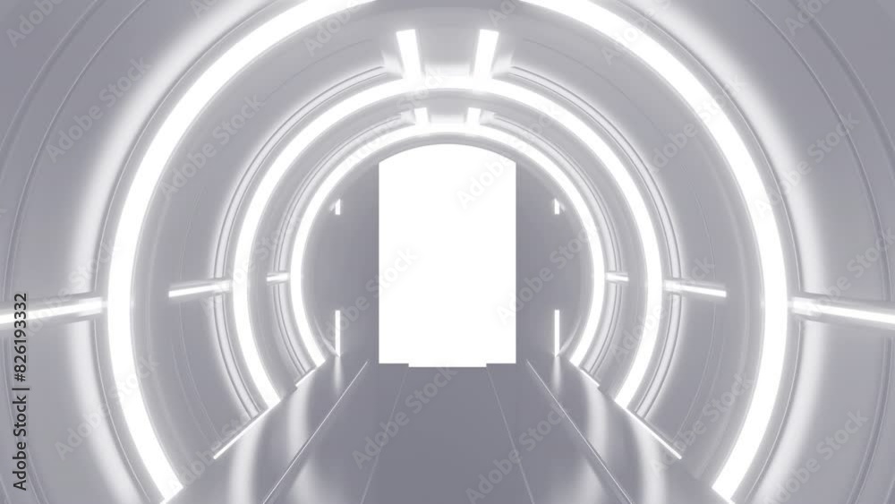 Wall mural opening gate or door in white futuristic tunnel spaceship or science laboratory corridor . sci-fi co