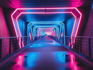 Futuristic neon-lit corridor with vibrant pink and blue lights, creating a modern, sci-fi atmosphere. Perfect for illustrating concepts of technology, innovation, and contemporary design.