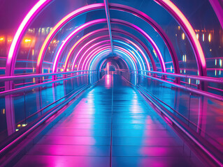 Futuristic neon tunnel with vibrant colors, perfect for modern technology and sci-fi themes.