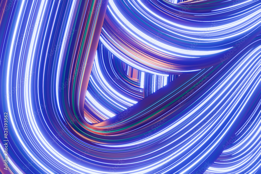 Poster abstract light trails creating a dynamic, flowing pattern in vibrant blue and purple hues.3d renderi