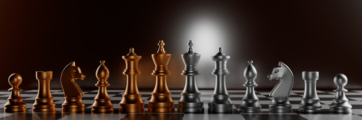 Chess pieces on a board in a dramatic light setting.3d rendering.