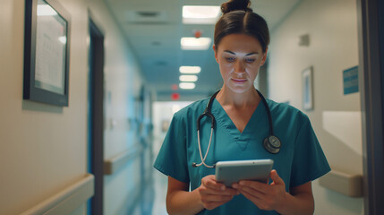Female nurse using tablet in hospital hallway