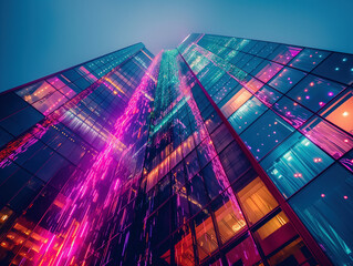 Futuristic city skyscraper with vibrant neon lights reflecting off its glass facade, creating a dynamic and modern atmosphere. Perfect for showcasing urban innovation and high-tech architecture.
