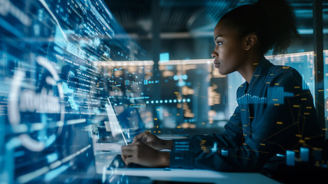 A woman is sitting in front of a computer screen with a lot of numbers and graphs. She is typing on a keyboard
