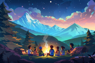 A cartoon painting of group of kids camping in the mountains, sitting around a campfire
