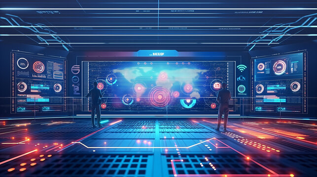 A futuristic room with a large screen displaying a map of the world. Two people are standing in front of the screen