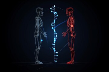Futuristic depiction of human figures with blue and red digital lines, symbolizing technology and human evolution in a dark setting