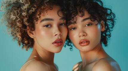 Two biracial Asian Caucasian twin models posing in a studio against a blue pastel backdrop Top notch photograph - Powered by Adobe