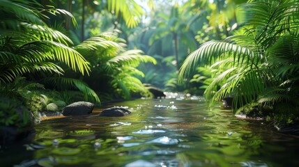 A simple stream with lush greenery and a bright sky