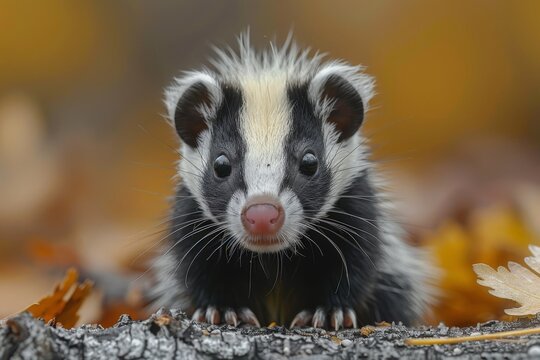 Close-up of an adorable baby skunk looking curiously at the camera, set against a blurred autumn background