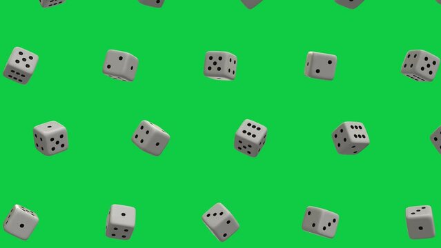 3d rolling dice falling loop animation on green screen background, Gambling and casino concept 3d animation 4k footage