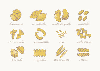 Sketchy drawing of different pasta types, hand drawn pasta guide