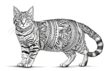 Detailed handdrawn black and white intricate patterned cat illustration with mandala design and artistic decorative elements. Perfect for pet lovers. Collectors