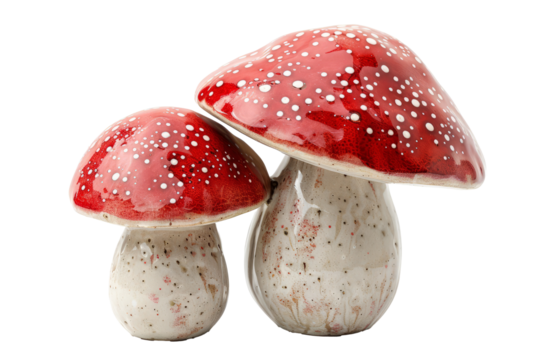 White and red ceramic mushrooms. Transparent background