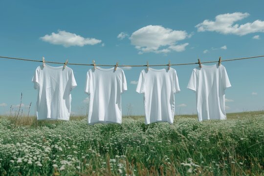 Four white T-shirts hung on an open-air clothesline in the field