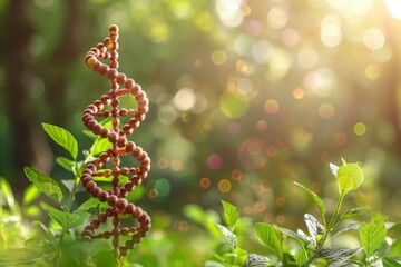Close up of a DNA strand in a natural setting, symbolizing the connection between genetics and nature in a vibrant, sunlit environment