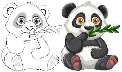 Adorable panda holding bamboo, colored and outlined versions