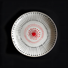 White empty polka dot, dotted plate top view isolated on black background