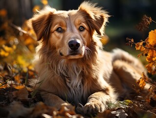 Portrait of a cute mixed breed dog lying on the ground in autumn