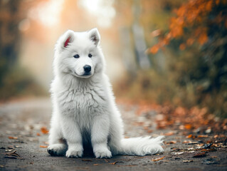 Obraz premium Cute samoyed puppy is sitting in the autumn park.