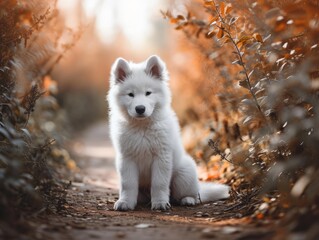 Obraz premium Cute samoyed puppy is sitting in the autumn park.