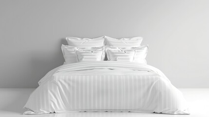 A white bed with striped satin linens, several pillows and pillowcases of the same color. The background is a regular wall.