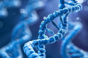 Icy blue DNA strand, emphasizing cold textures and genetics in a detailed, high tech environment with vibrant lighting