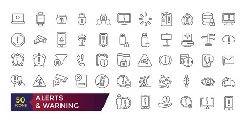 Alerts and Warning Line Icons. Contains such Icons as Alert, Exclamation Mark, Warning Sign and more. Editable stroke illustration. Vector ui and web icon.