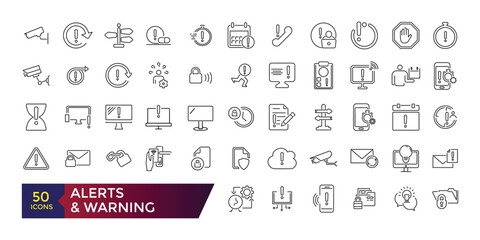 Alerts and Warning Line Icons. Contains such Icons as Alert, Exclamation Mark, Warning Sign and more. Editable stroke illustration. Vector ui and web icon.