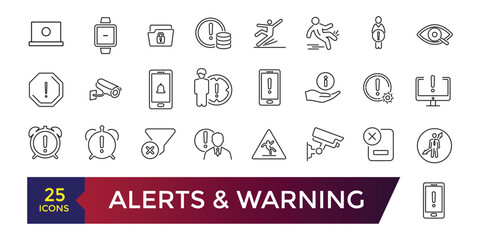 Alerts and Warning Line Icons. Contains such Icons as Alert, Exclamation Mark, Warning Sign and more. Editable stroke illustration. Vector ui and web icon.