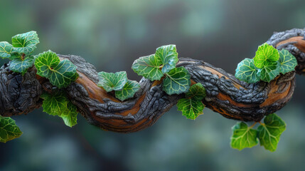 Elegant twisted branch enveloped in ivy, highlighting the captivating blend of twisted wood and green foliage.
