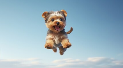 Cute dog jumping up over blue sky background