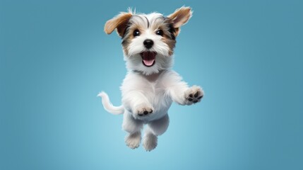 Cute dog jumping up over blue sky background