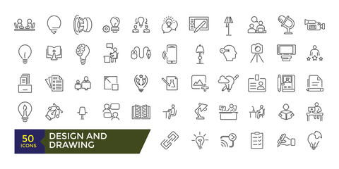 Design and drawing icons set. Line icons of design and arts. Editable stroke illustration. Vector ui and web icon.