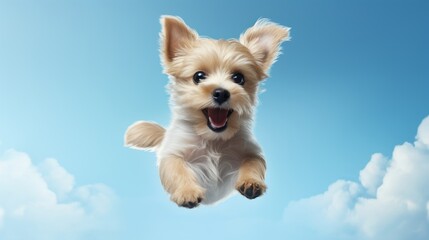 Cute dog jumping up over blue sky background