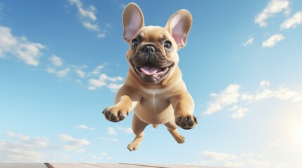 Cute french bulldog jumping up over blue sky background