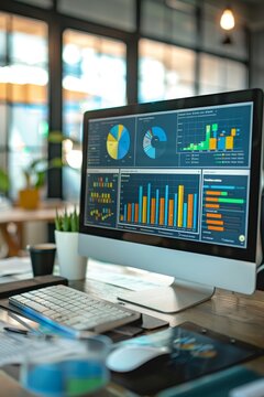 Business and Finance Concept: A computer monitor displaying colorful charts, analyzing data at a sunny workplace