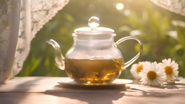 Herbal chamomile tea and chamomile flowers near teapot and tea glass on wooden table. Countryside background.