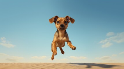 Cute hound dog jumping up over blue sky background