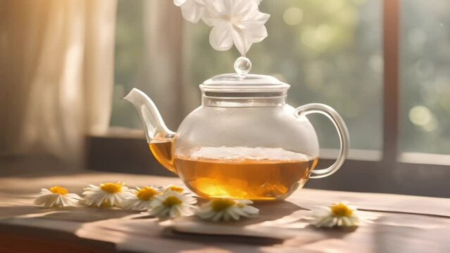Herbal chamomile tea and chamomile flowers near teapot and tea glass on wooden table. Countryside background.