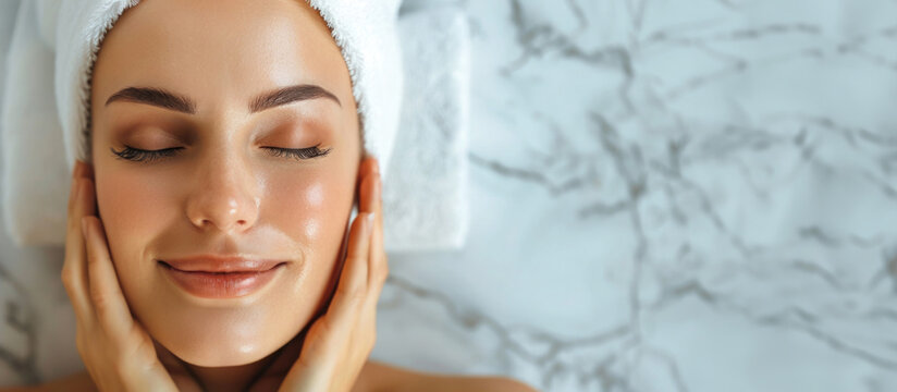 Woman Enjoying Facial Treatment with Towel Headwrap