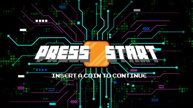 PRESS START INSERT A COIN TO CONTINUE .pixel art .8 bit game.retro game. for game assets in vector illustrations.Retro Futurism Sci-Fi Background. glowing neon grid.and stars from vintage arcade comp