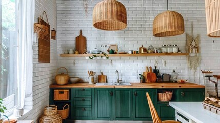 Green cabinets, wicker baskets, white brick wall - Kitchen