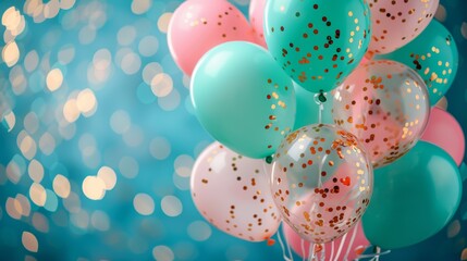 A vibrant collection of pink, turquoise, and clear balloons with glitter. Perfect festive decoration for celebrations, parties, and events.