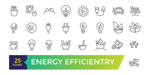 Energy efficiency icon set. energy-saving light bulb, solar panel, circular economy, battery, home insulation. Editable stroke illustration. Vector ui and web icon.